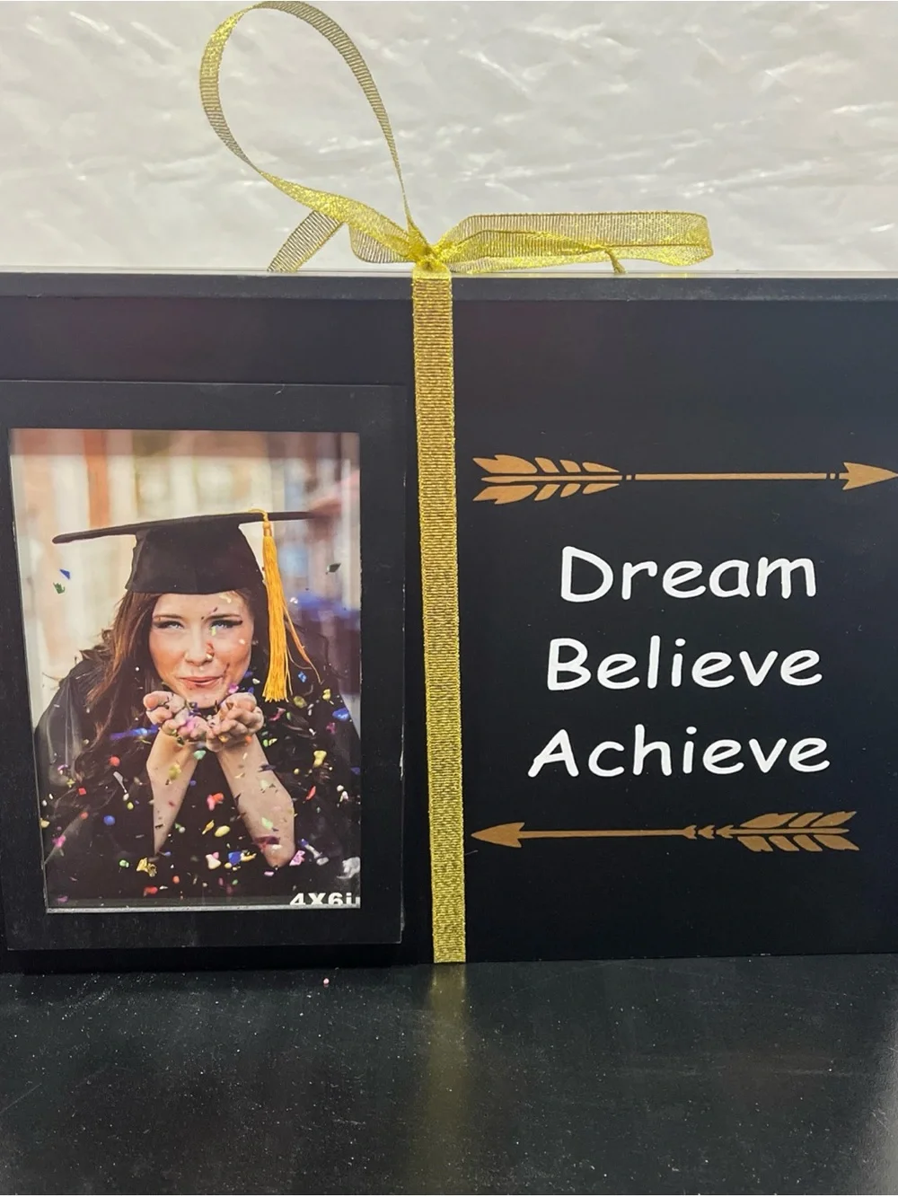Black 'Dream Believe Achieve' Photo Money Box with Gold Ribbon